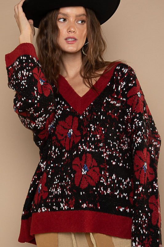 POL Red Black Mix Oversized Floral Print Pullover Sweater - Roulhac Fashion Boutique