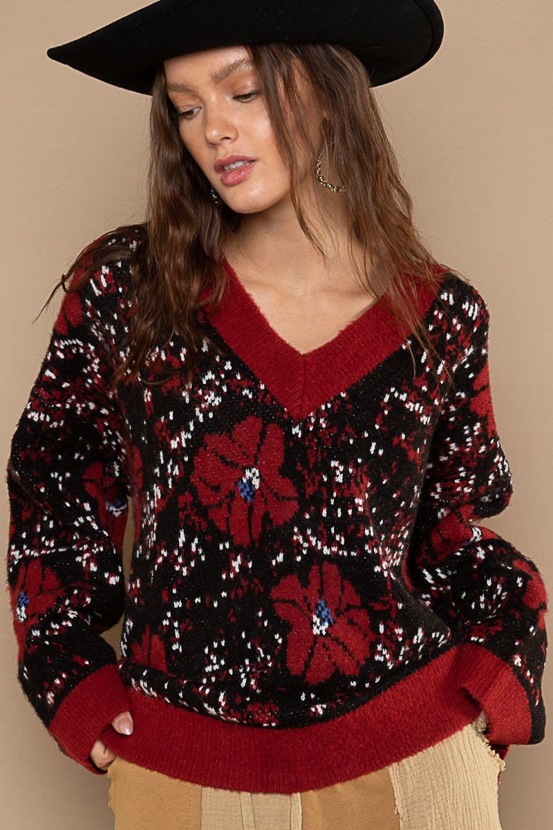 POL Red Black Mix Oversized Floral Print Pullover Sweater - Roulhac Fashion Boutique