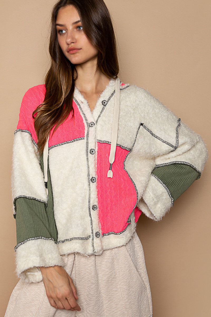 POL Hooded Snap Button Color Block Fleece Oversized Fit Cardigan - Roulhac Fashion Boutique