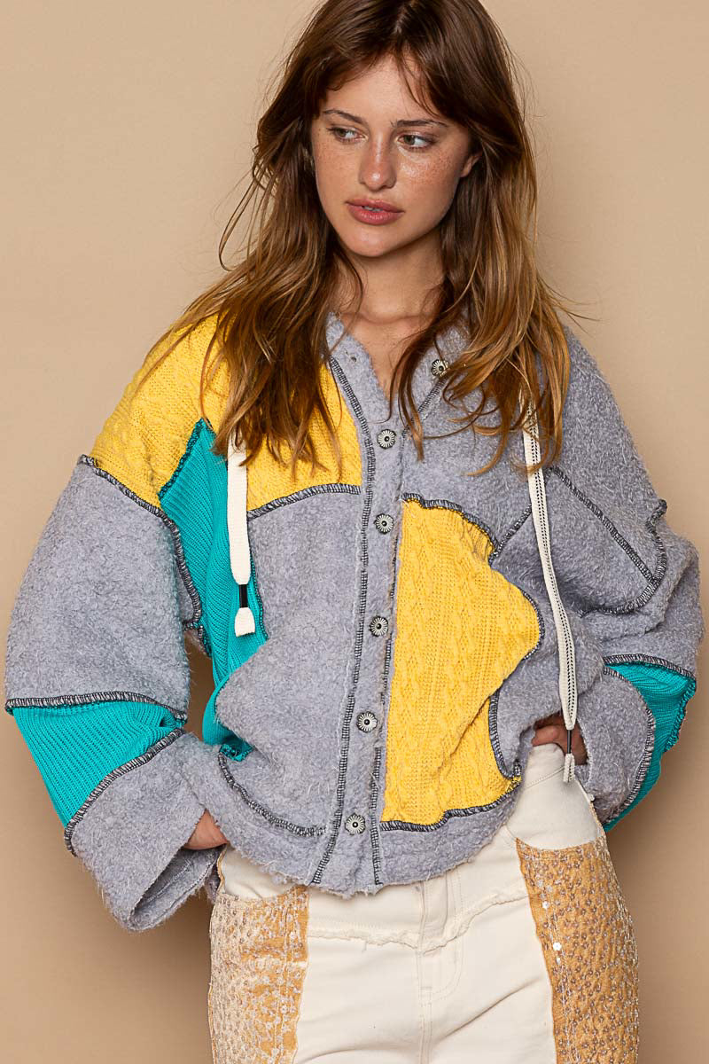 POL Hooded Snap Button Color Block Fleece Oversized Fit Cardigan - Roulhac Fashion Boutique