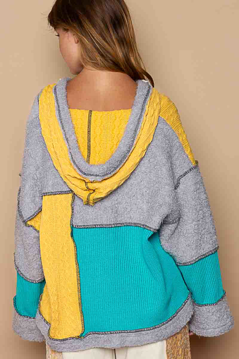 POL Hooded Snap Button Color Block Fleece Oversized Fit Cardigan - Roulhac Fashion Boutique