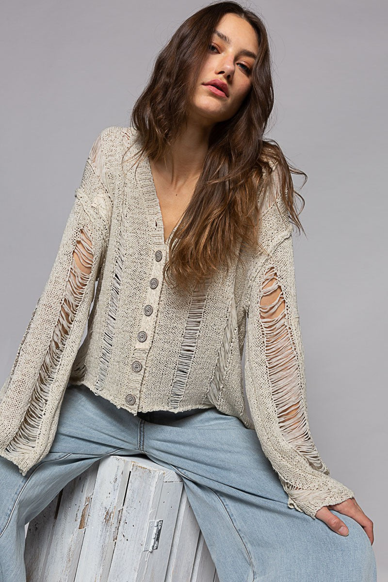 POL Long Sleeve Distressed Lace Trim V Neck Cardigan Top