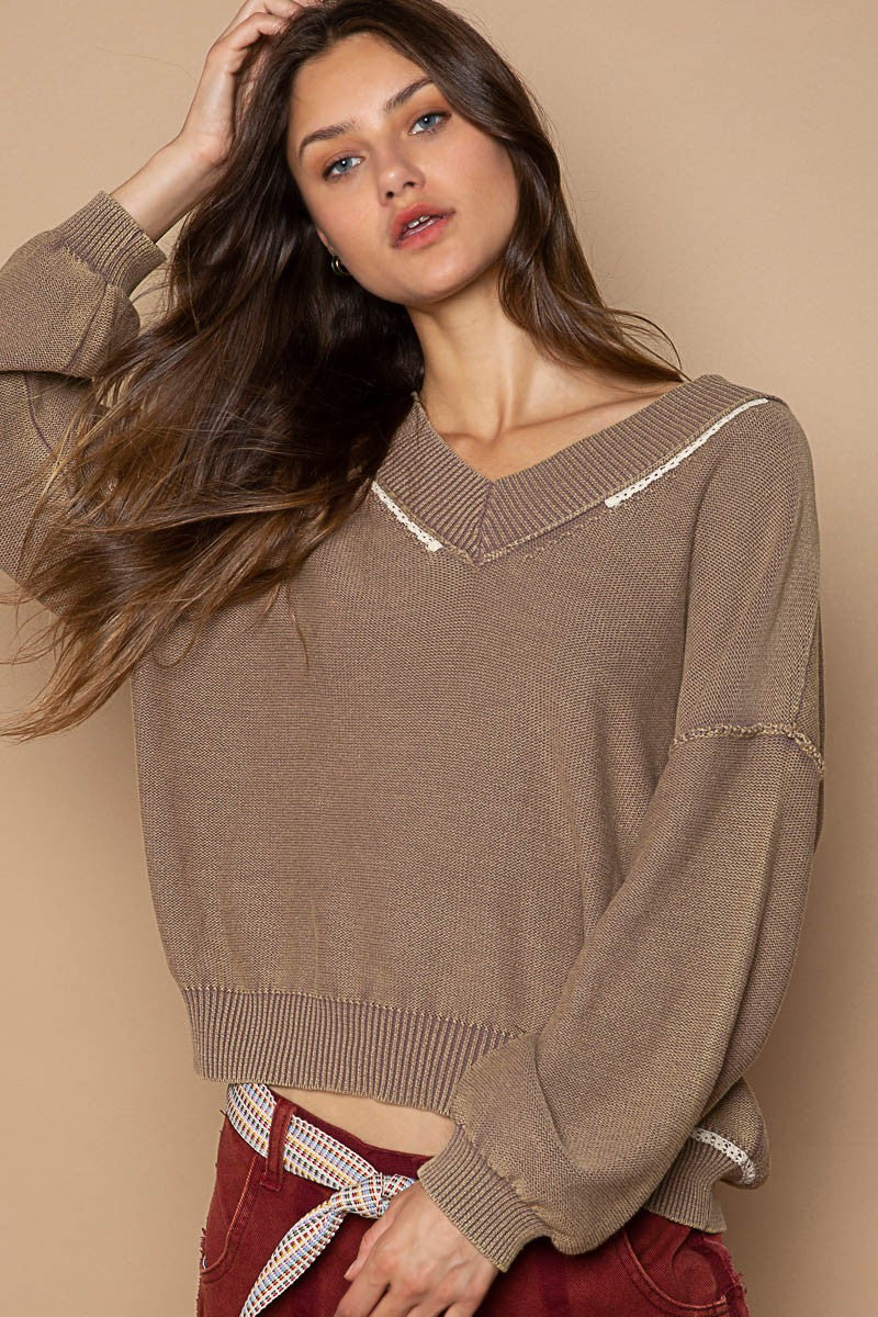 POL Vintage Wash V Neck Classic Solid Pullover Sweater Top