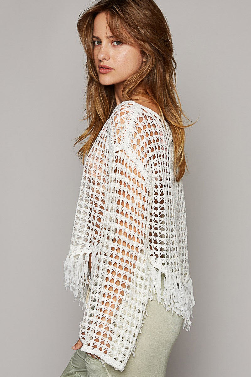 POL Oversize Boat Neck Long Sleeve Fringe Pullover Top