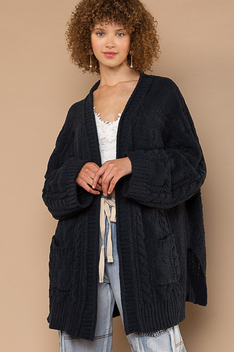POL Open Front Side Slits Pockets Cardigan Sweater Top