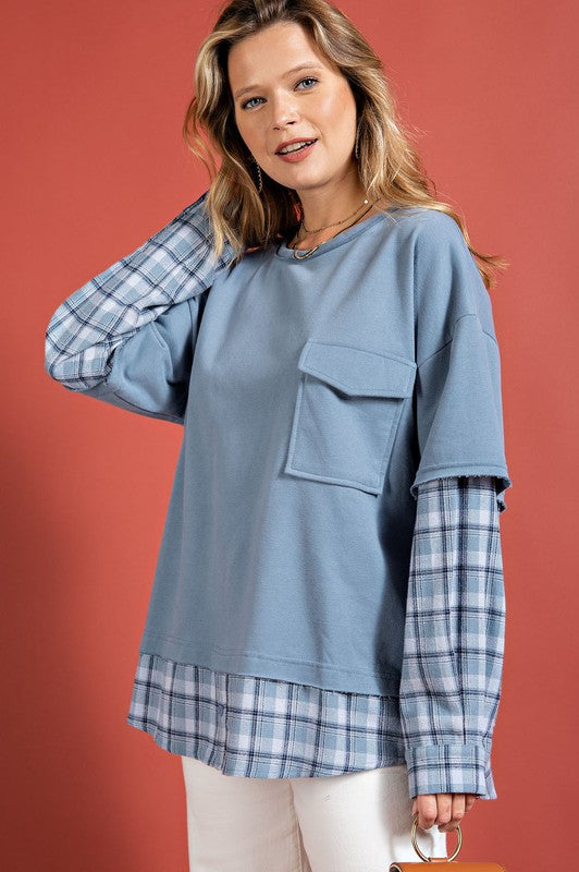 Easel Plaid Mix Brushed Oversized Terry Pullover Top - Roulhac Fashion Boutique