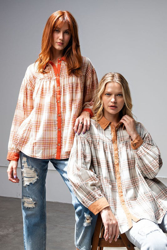 Easel Rust Plaid Print Loose Fit Button Down Cotton Top - Roulhac Fashion Boutique