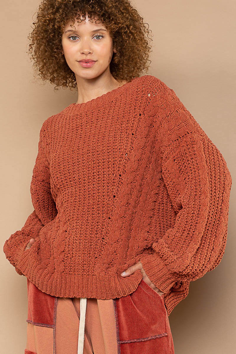 POL Oversize Cable Knit Round Neck Pullover Sweater Top