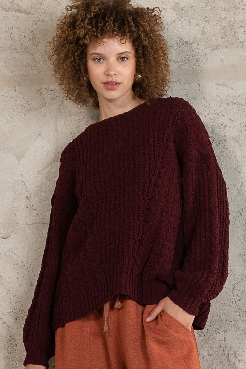 POL Oversize Cable Knit Round Neck Pullover Sweater Top