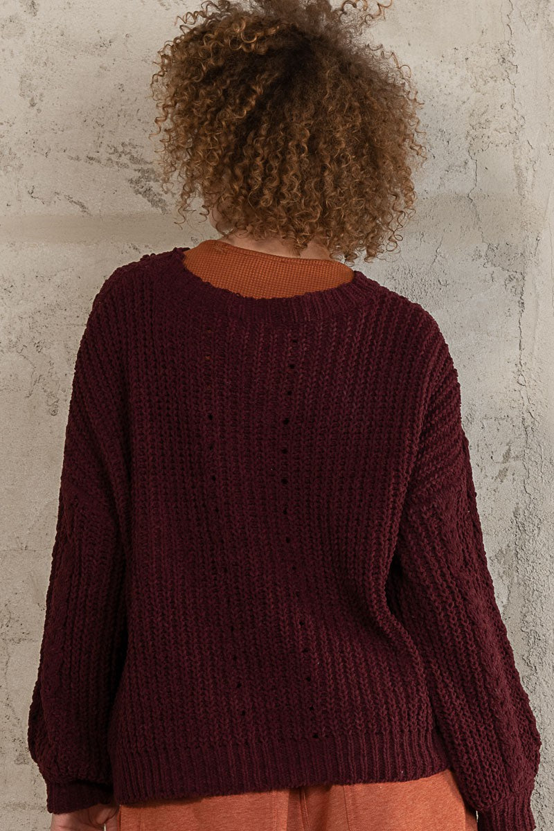 POL Oversize Cable Knit Round Neck Pullover Sweater Top