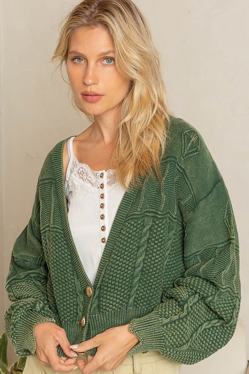POL Washed Vintage Button Closure Cardigan Sweater Top