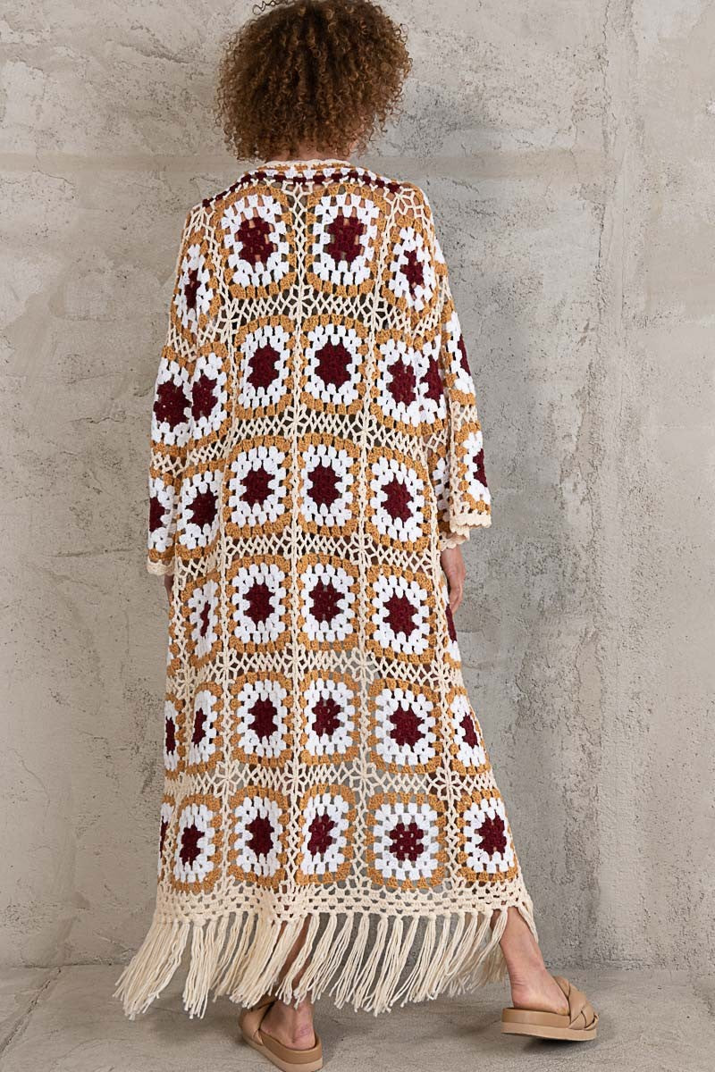 POL Hand Knit Crochet Fringe Maxi Length Cardigan Top
