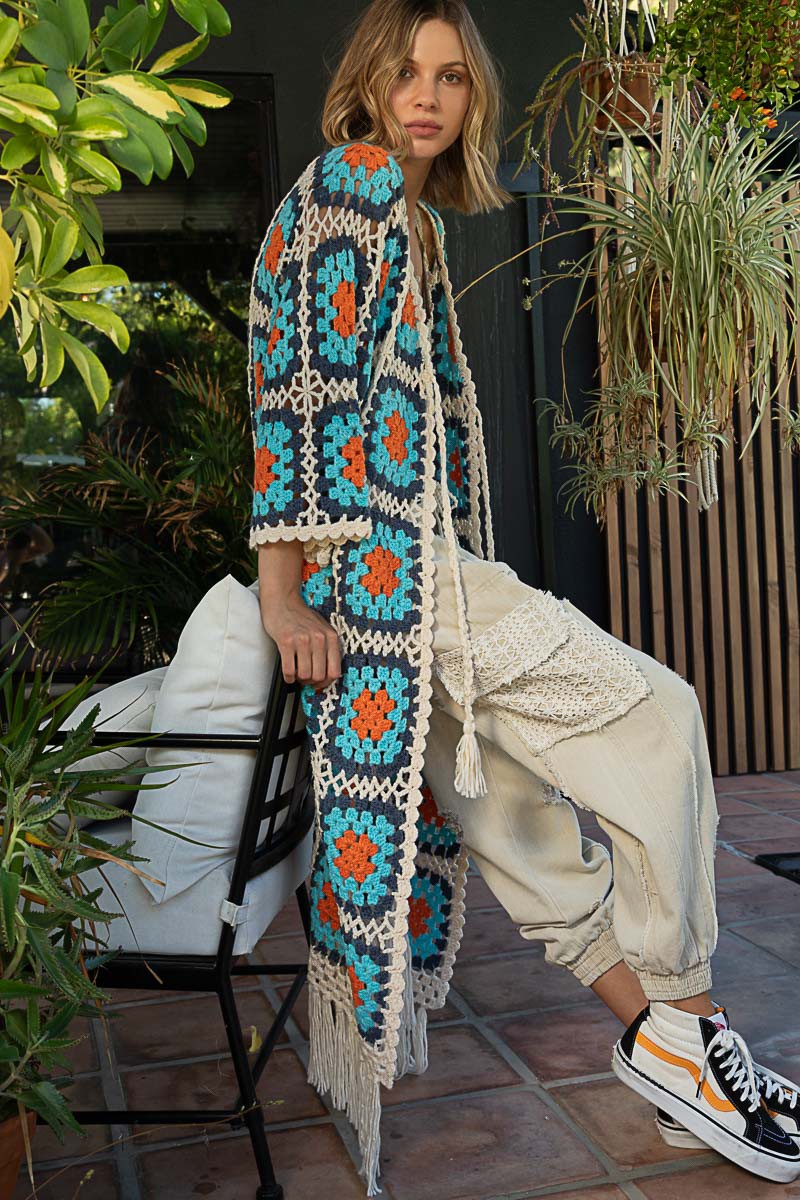 POL Hand Knit Crochet Fringe Maxi Length Cardigan Top