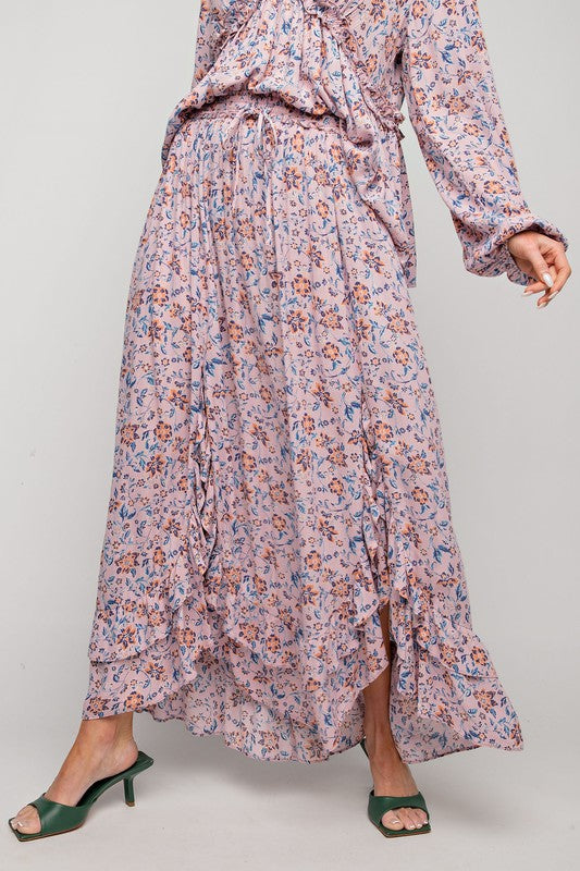 Easel Lavender Floral Print Ruffled Side Slit Maxi Skirt - Roulhac Fashion Boutique
