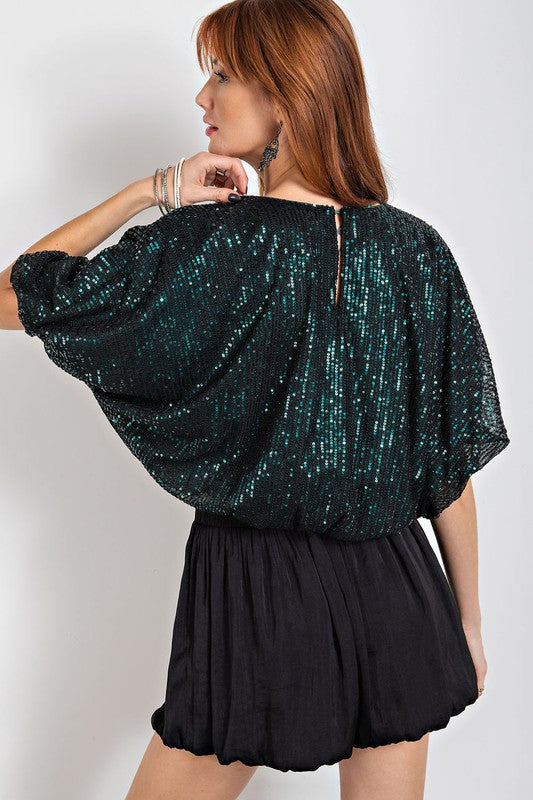 Easel Plus Size Hunter Green Sequined Dolman Sleeve Top - Roulhac Fashion Boutique