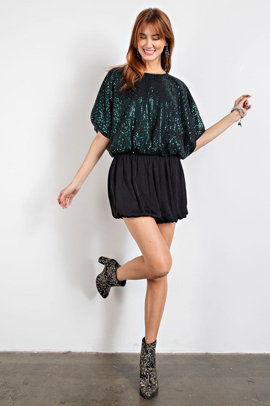 Easel Plus Size Hunter Green Sequined Dolman Sleeve Top - Roulhac Fashion Boutique