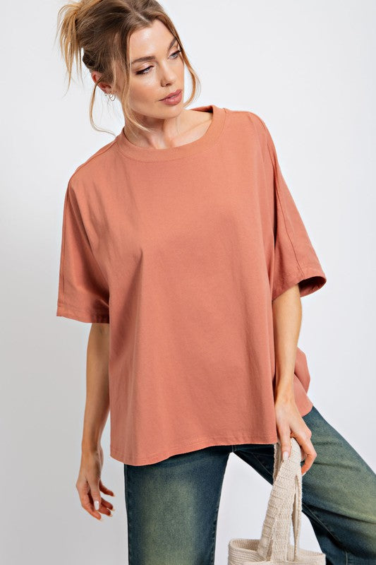 Easel Wooden Terry Knit Oversized Boxy Cotton Top - Roulhac Fashion Boutique