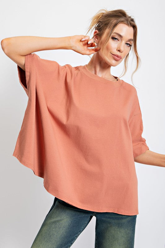 Easel Wooden Terry Knit Oversized Boxy Cotton Top - Roulhac Fashion Boutique