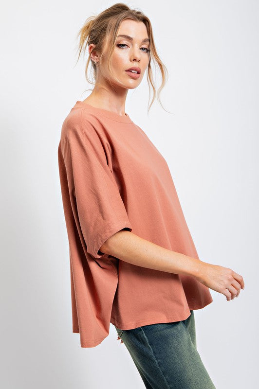 Easel Wooden Terry Knit Oversized Boxy Cotton Top - Roulhac Fashion Boutique