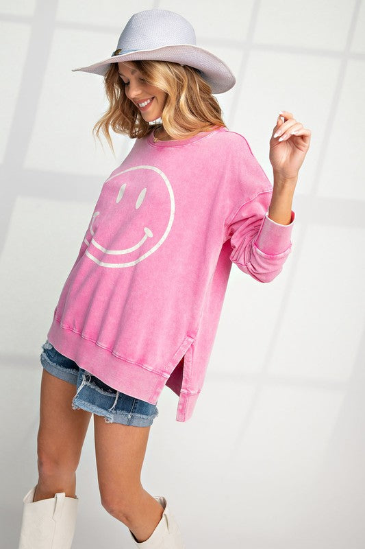 Easel Smiley Face Mineral Washed Cotton Top - Roulhac Fashion Boutique