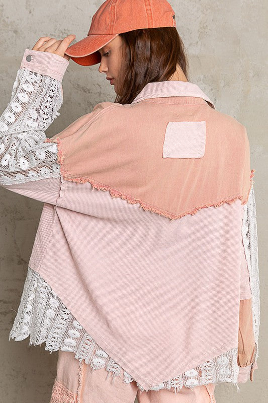 POL Oversize Contrast Lace Crochet Button Down Shacket - Roulhac Fashion Boutique