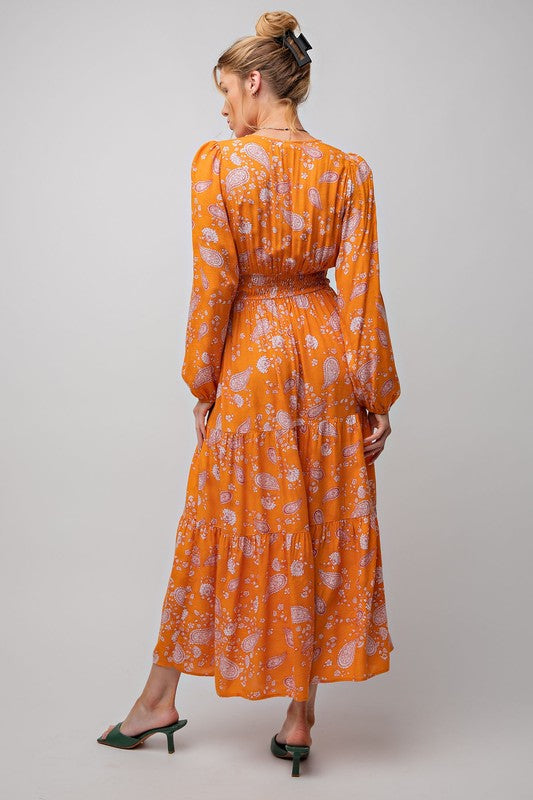Easel Orange Paisley Floral Print Long Sleeve Maxi Dress - Roulhac Fashion Boutique