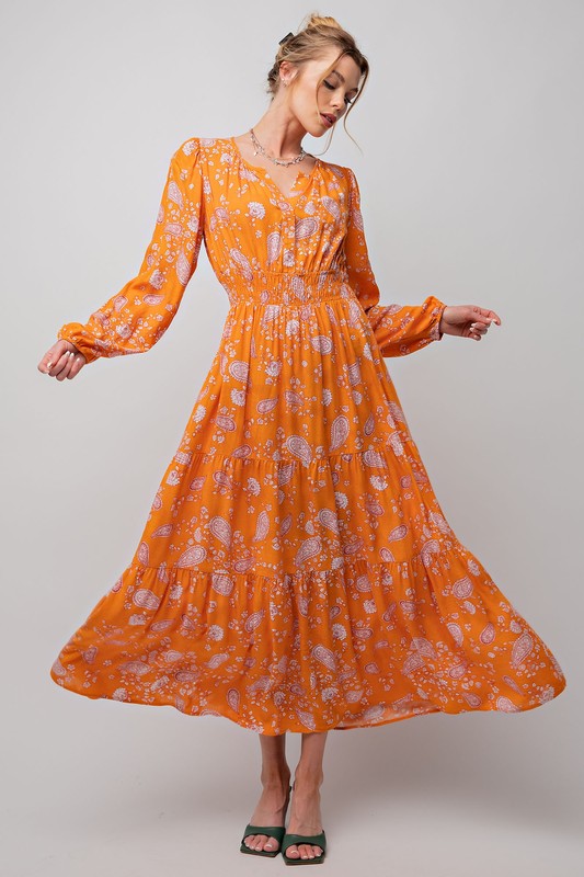 Easel Orange Paisley Floral Print Long Sleeve Maxi Dress - Roulhac Fashion Boutique