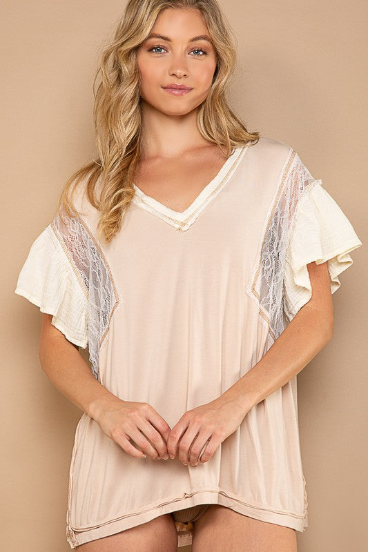 POL Relaxed Fit Ruffle Lace Short Sleeve V-Neck Top - Roulhac Fashion Boutique