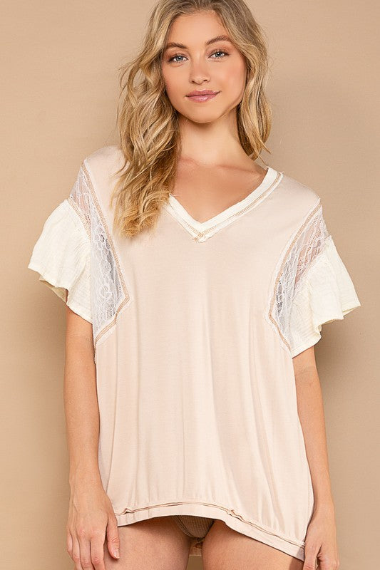 POL Relaxed Fit Ruffle Lace Short Sleeve V-Neck Top - Roulhac Fashion Boutique
