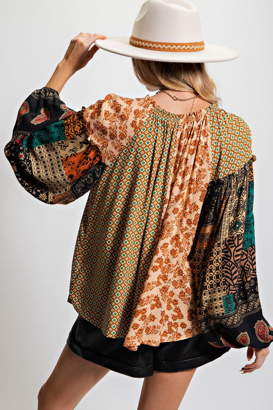 Easel Plus Size Vintage Inspired Boho Puff Sleeve Top