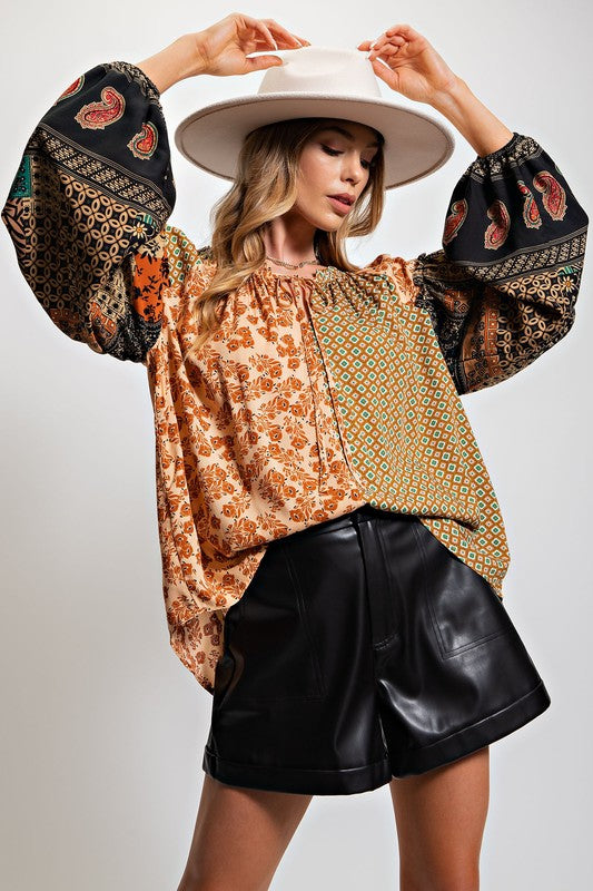 Easel Plus Size Vintage Inspired Boho Puff Sleeve Top