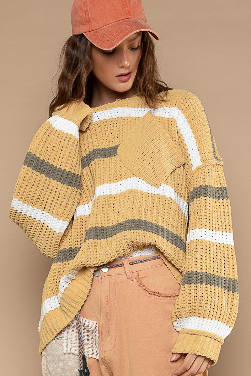 POL Contrast Stripe Pattern Chenille Pullover Sweater Top