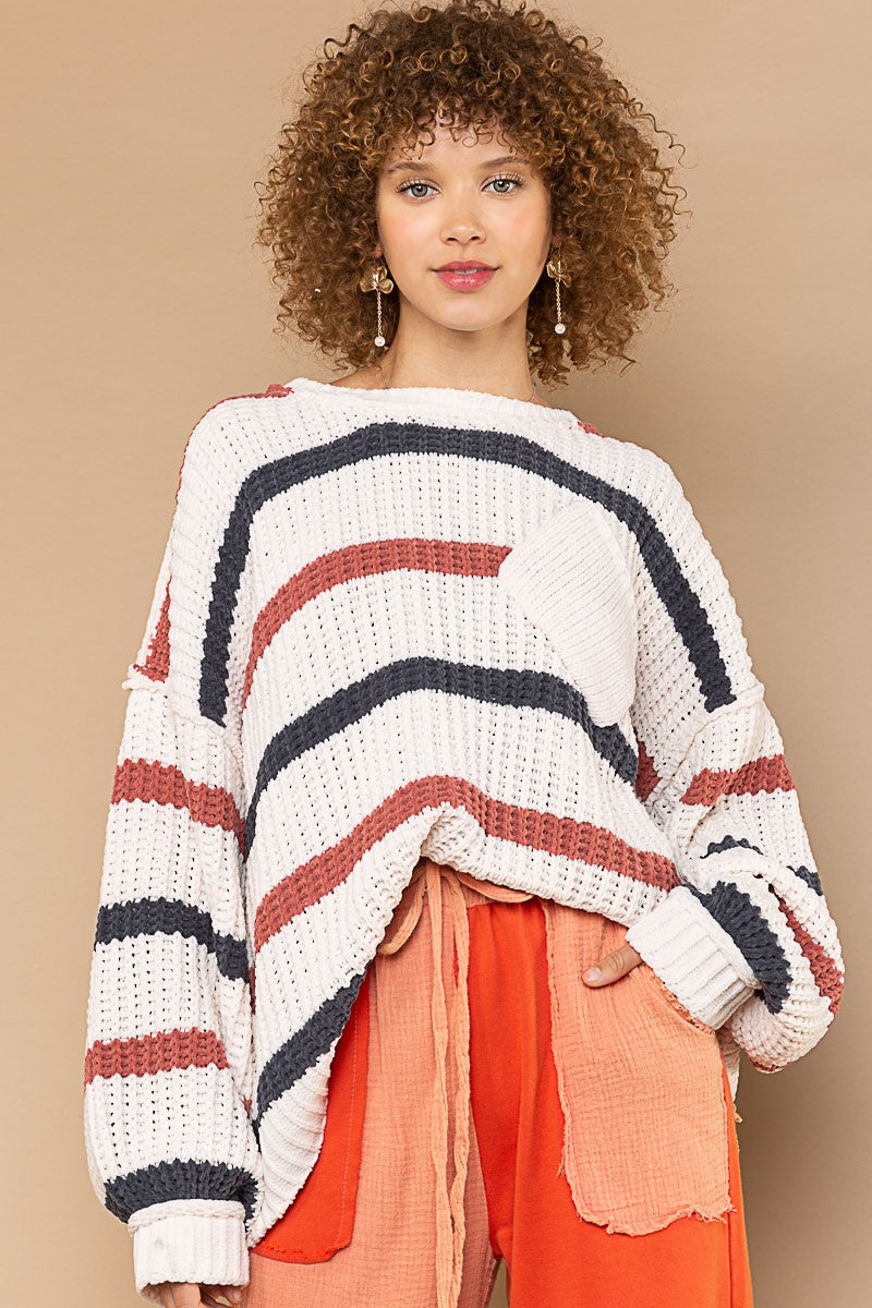 POL Contrast Stripe Pattern Chenille Pullover Sweater Top