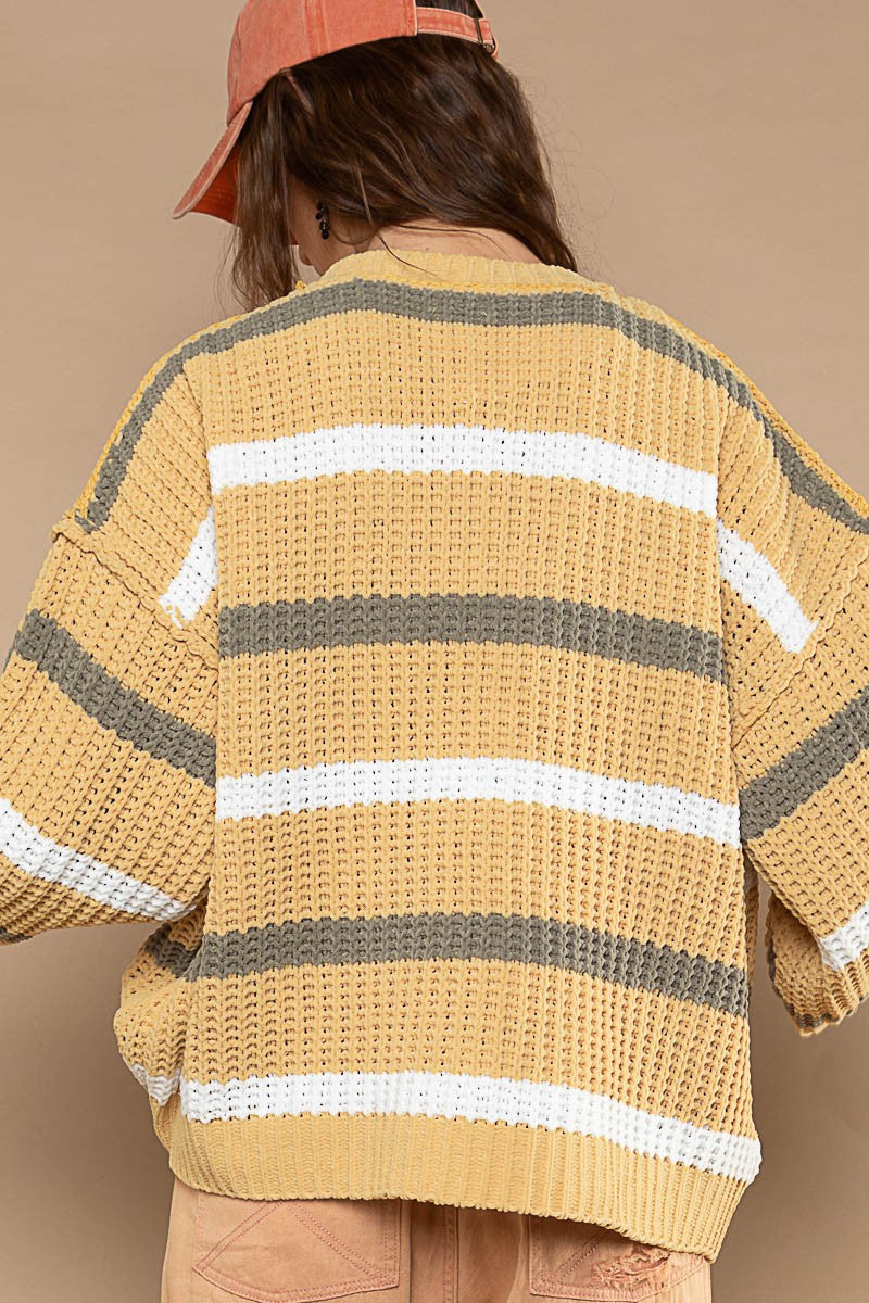 POL Contrast Stripe Pattern Chenille Pullover Sweater Top