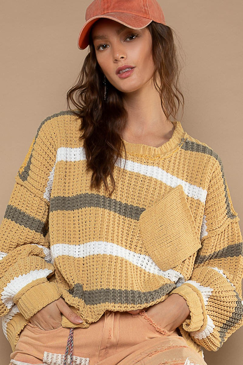 POL Contrast Stripe Pattern Chenille Pullover Sweater Top