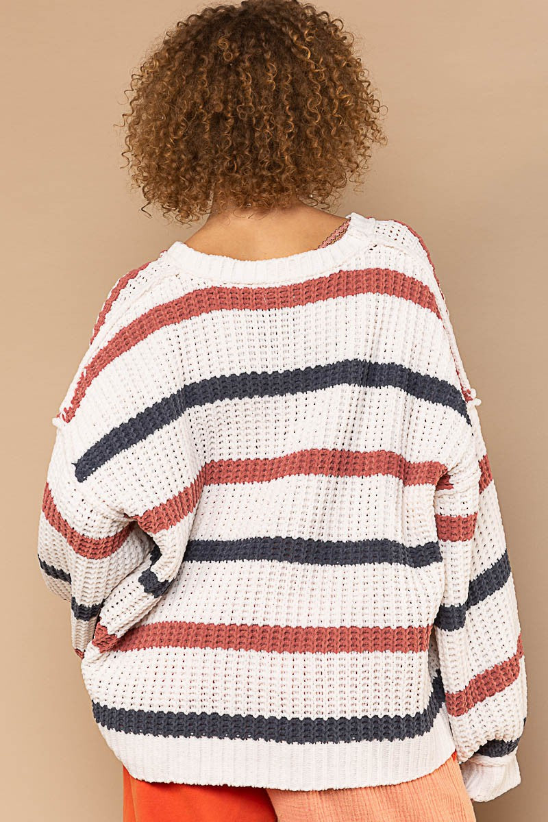 POL Contrast Stripe Pattern Chenille Pullover Sweater Top