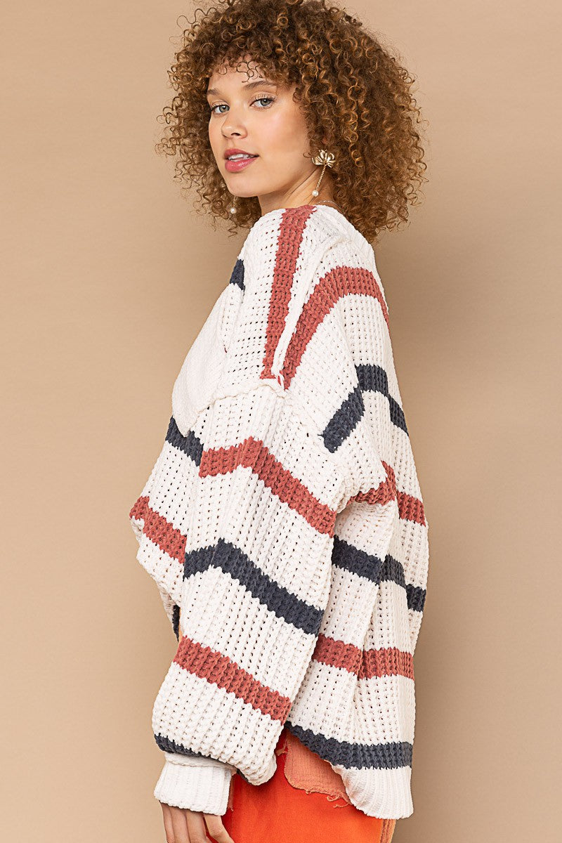 POL Contrast Stripe Pattern Chenille Pullover Sweater Top