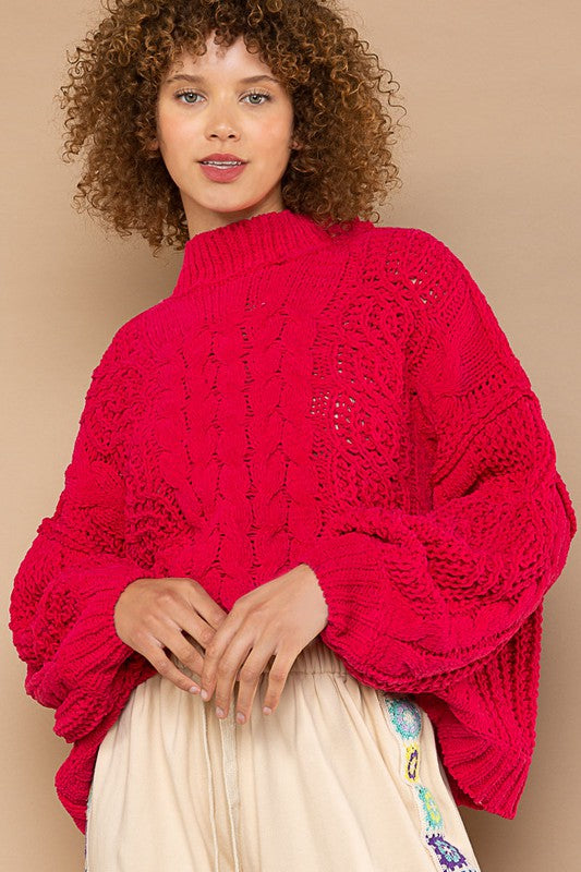 POL Mock Neck Balloon Sleeve Cable Knit Sweater - Roulhac Fashion Boutique