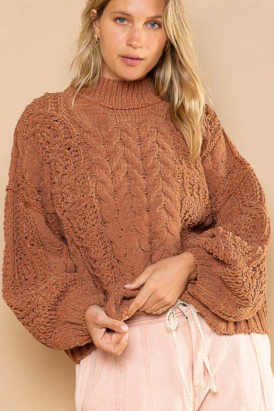 POL Mock Neck Balloon Sleeve Cable Knit Sweater