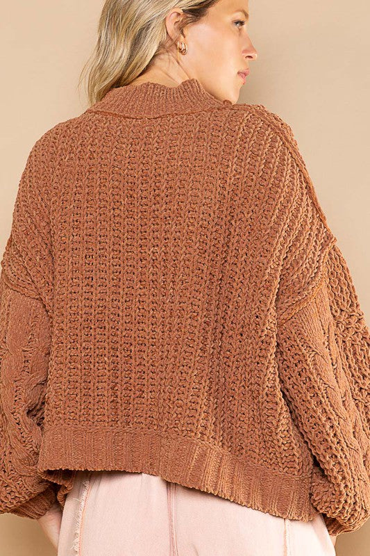 POL Mock Neck Balloon Sleeve Cable Knit Sweater - Roulhac Fashion Boutique