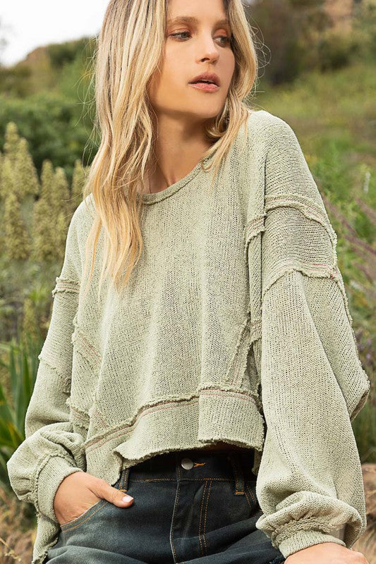 POL Round Neck Exposed Seam Relaxed Fit Hoodie Sweater Top - Roulhac Fashion Boutique