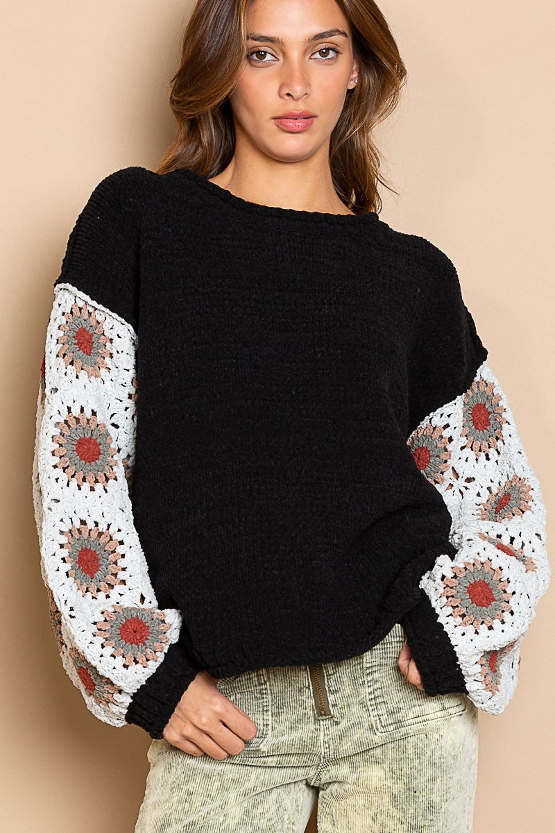 POL Contrast Square Pattern Sleeves Pullover Sweater Top