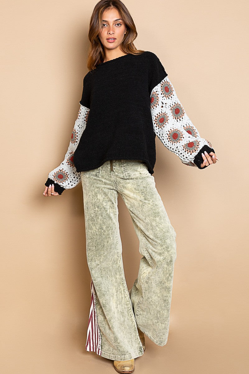 POL Contrast Square Pattern Sleeves Pullover Sweater Top