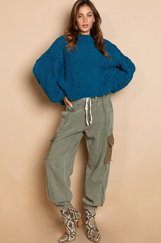 POL Mock Neck Balloon Sleeve Cable Knit Sweater
