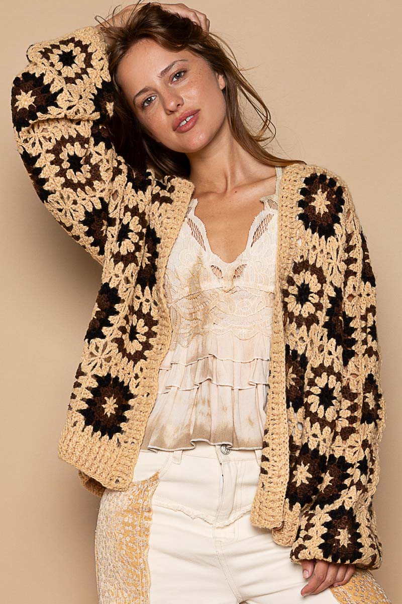 POL Hand Knit Granny Square Patch Cardigan Sweater Top