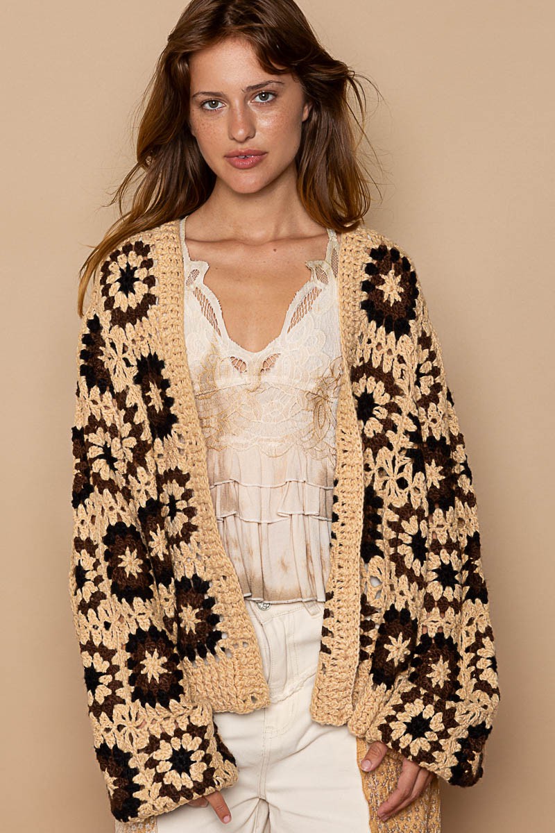 POL Hand Knit Granny Square Patch Cardigan Sweater Top