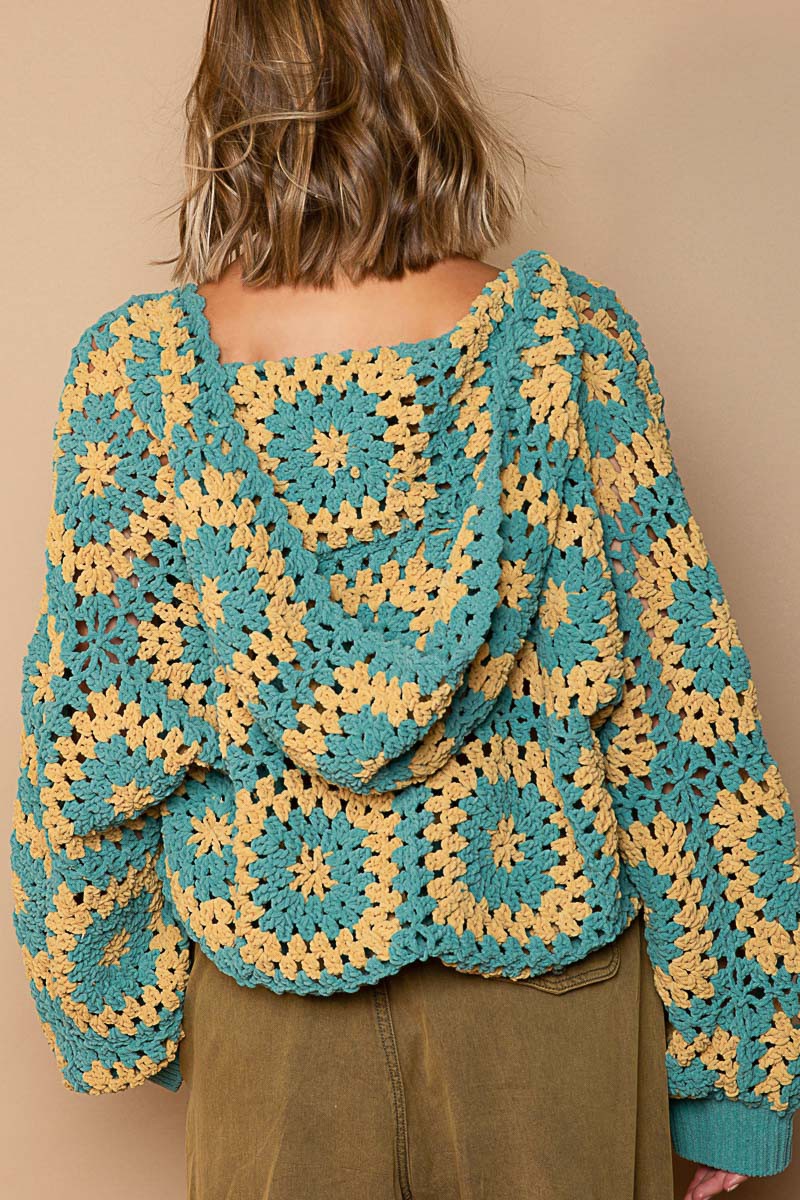 POL Hand Knit Granny Square Hooded Pullover Sweater Top