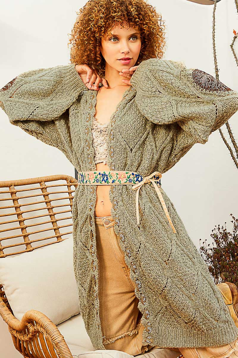 POL Embroidered Tape Open Front Hooded Cardigan Top