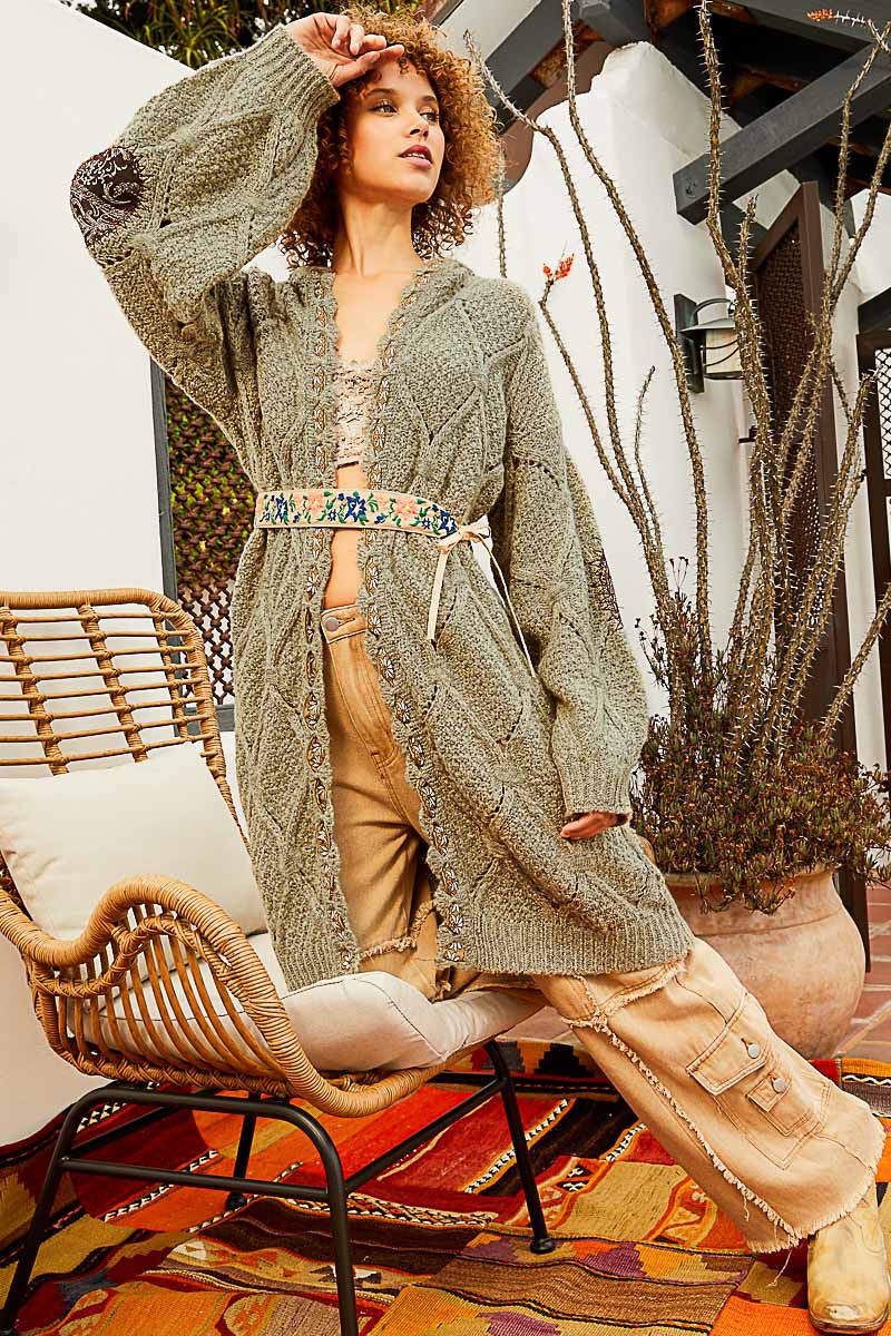 POL Embroidered Tape Open Front Hooded Cardigan Top