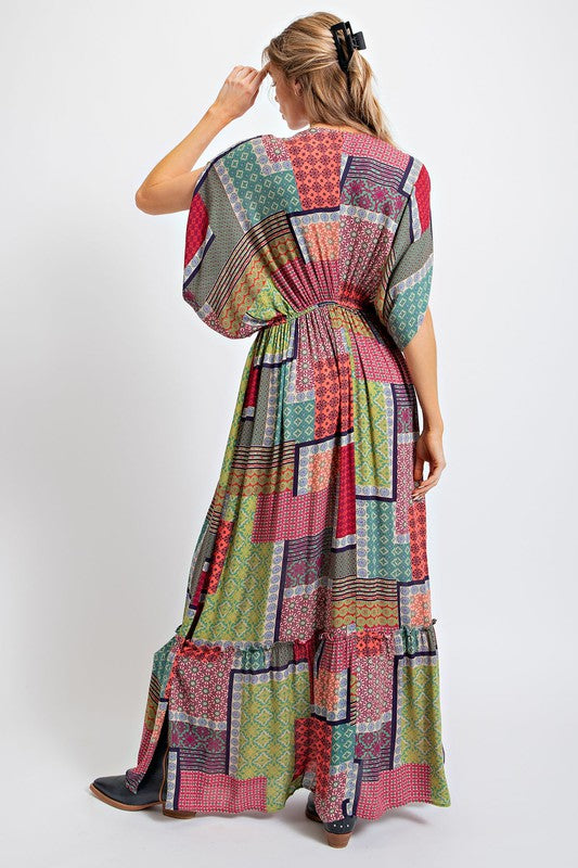 Easel Boho Patchwork Printed Gauze Maxi Dress